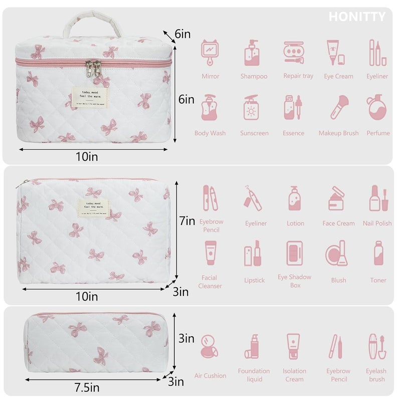 honitty Makeup Bag,Quilted Cosmetic Bag,Large Floral Make Up Bag for Women,Cotton Makeup Bag Set,Flower Travel Toiletry Bag - Image 2